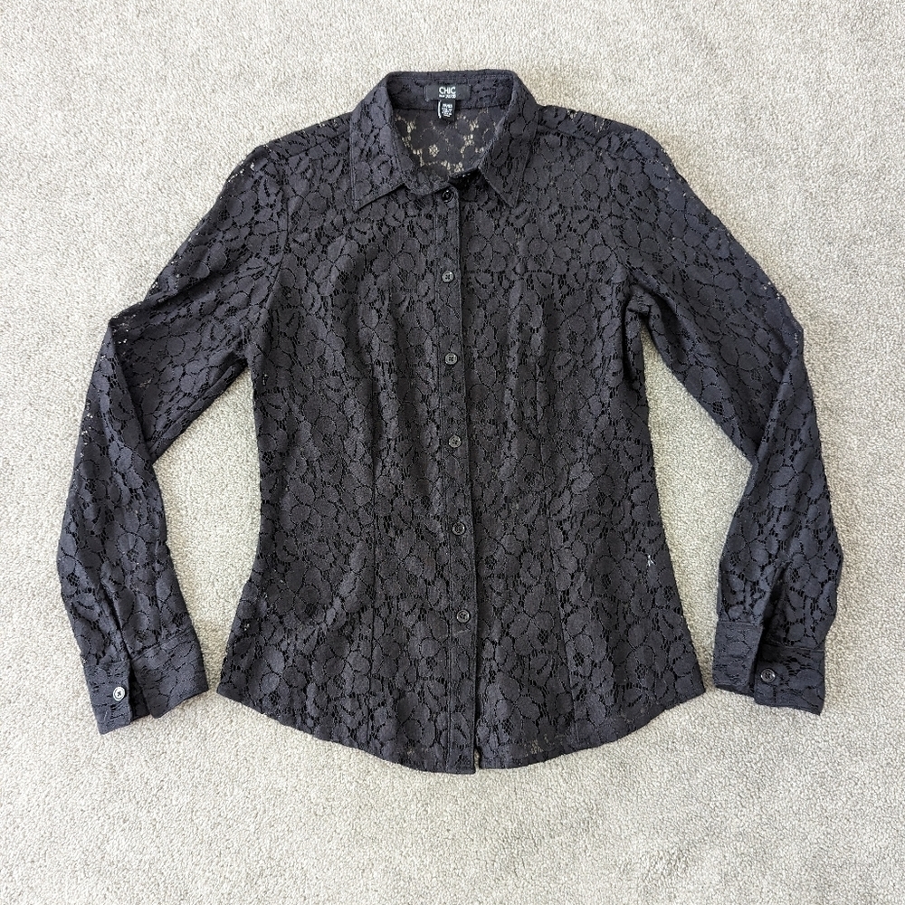 Chic by Jacob Women's Lace Button Down Shirt Size XS See Through